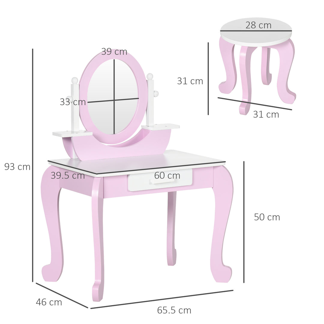 Kids Dressing Table Set Kids Vanity Set Girl Makeup Desk with Mirror Stool Drawer Round Legs for 3-6 Years Old