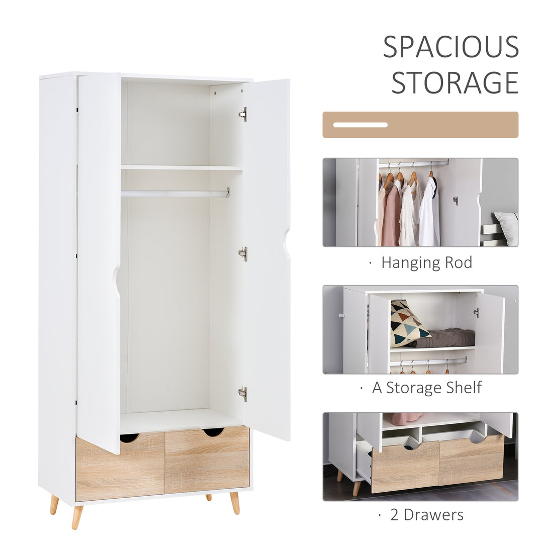 2-Door Clothes Wardrobe w/ Rail Shelf 2 Drawers Wood Feet Elegant Home Storage Organisation Furniture Dresses Coats Blankets White