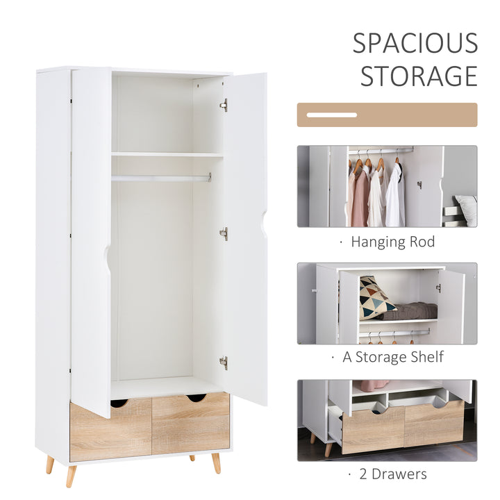 2-Door Clothes Wardrobe w/ Rail Shelf 2 Drawers Wood Feet Elegant Home Storage Organisation Furniture Dresses Coats Blankets White