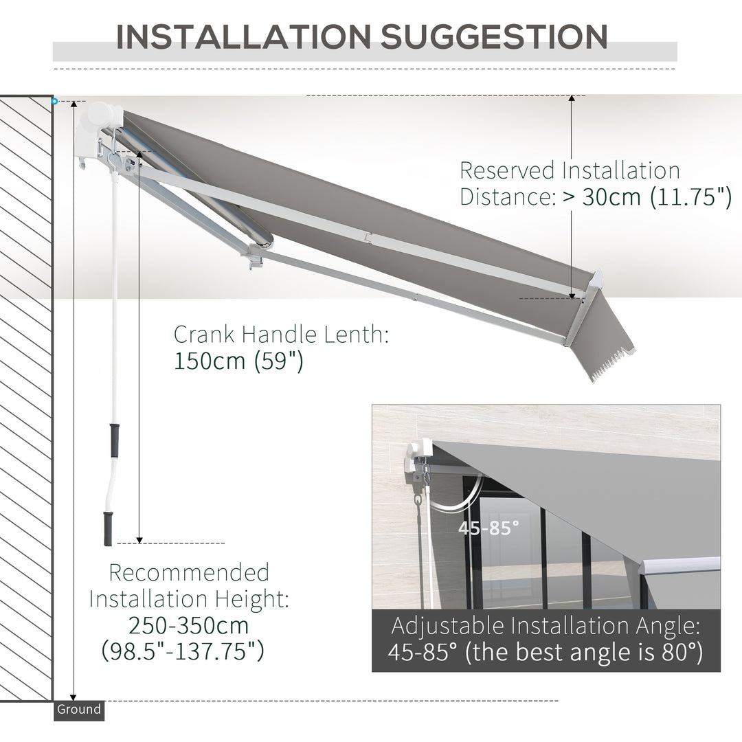 4x2.5m Retractable Manual Awning Window Door Sun Shade Canopy with Fittings and Crank Handle Light Grey