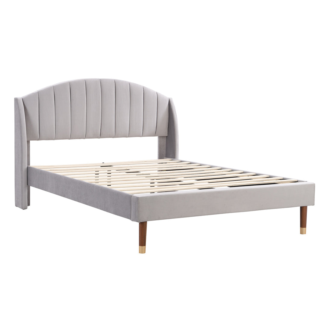 King Size Velvet Fabric Upholstered Bed with Slatted Frame and Headboard