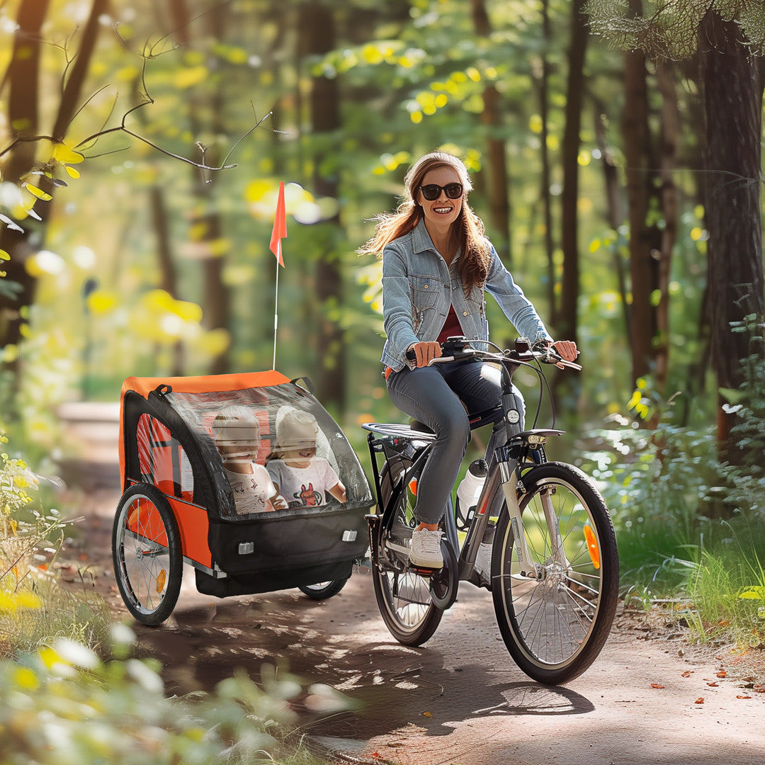 2 Seat Bike Trailer Bicycle wagon for Kids Child Steel Frame Safety Harness Seat Carrier Orange Black 130 x 76 x 88 cm