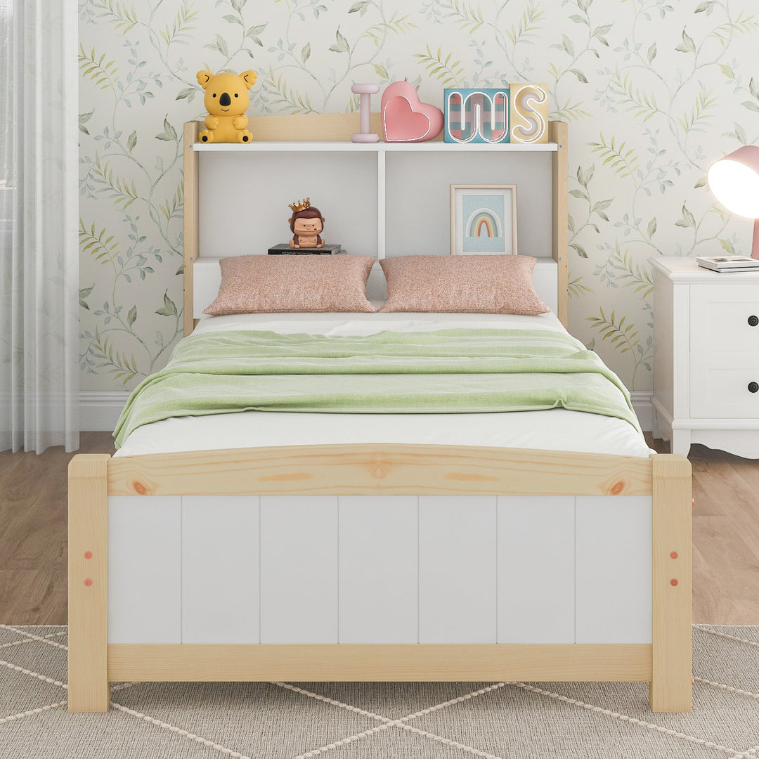 Solid Wooden Single Bed Frame with Storage Headboard