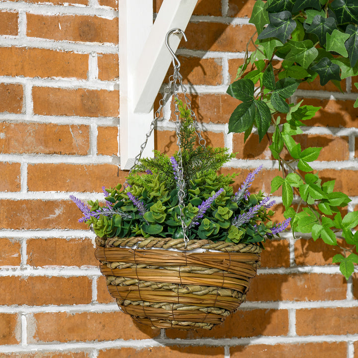 2 PCs Artificial Lisianthus Flower Hanging Planter with Basket for Indoor Outdoor Decoration