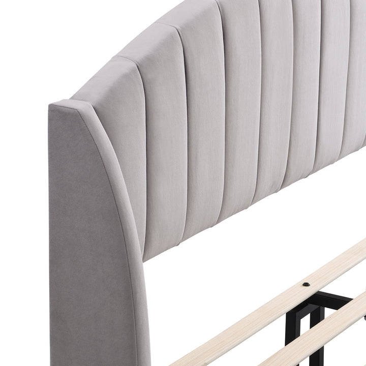 King Size Velvet Fabric Upholstered Bed with Slatted Frame and Headboard