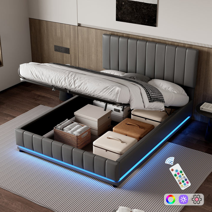 PU Leather Ottoman Upholstered Double Bed with LED Lighting