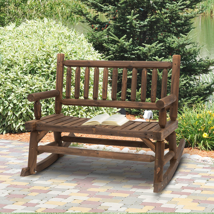 Garden 2-Seater Rocking Bench Wood Frame Rough-Cut Log Loveseat Slatted High Back Rustic Style with Armrests - Dark Stain Brown