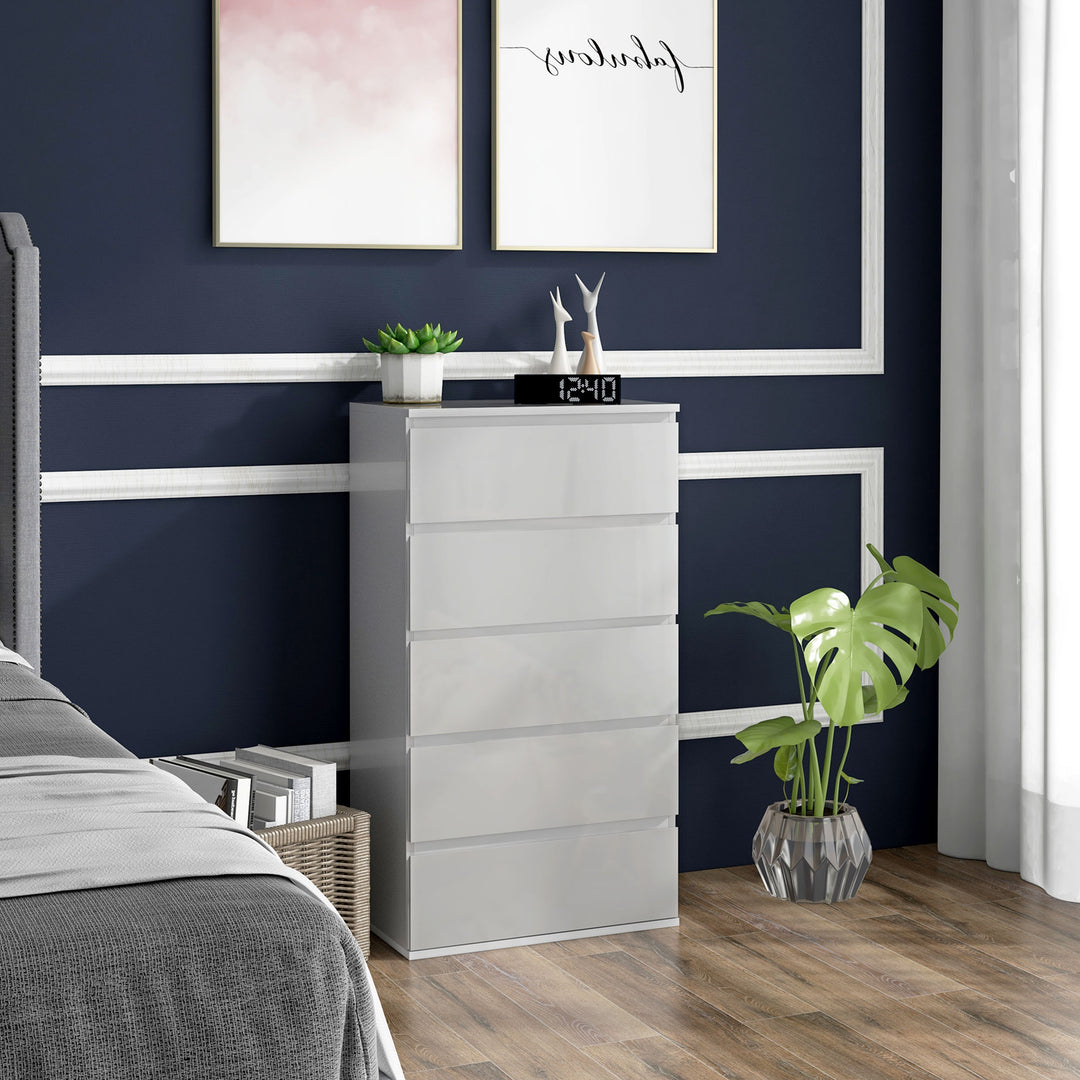 High-Gloss Chest: 5-Drawer Modern Storage Cabinet in Sleek White for Bedrooms