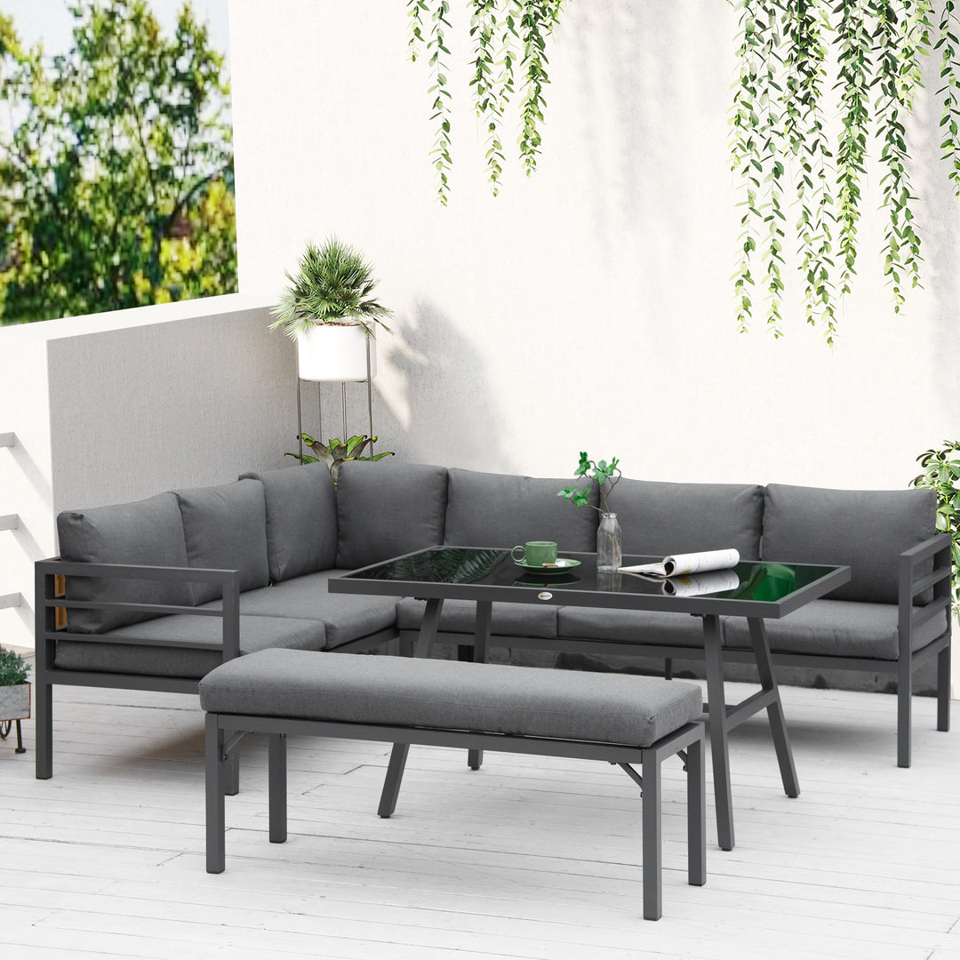 4 Piece L-shaped Garden Furniture Set 8-Seater Aluminium Outdoor Dining Set Conversation Sofa Set w/ Bench