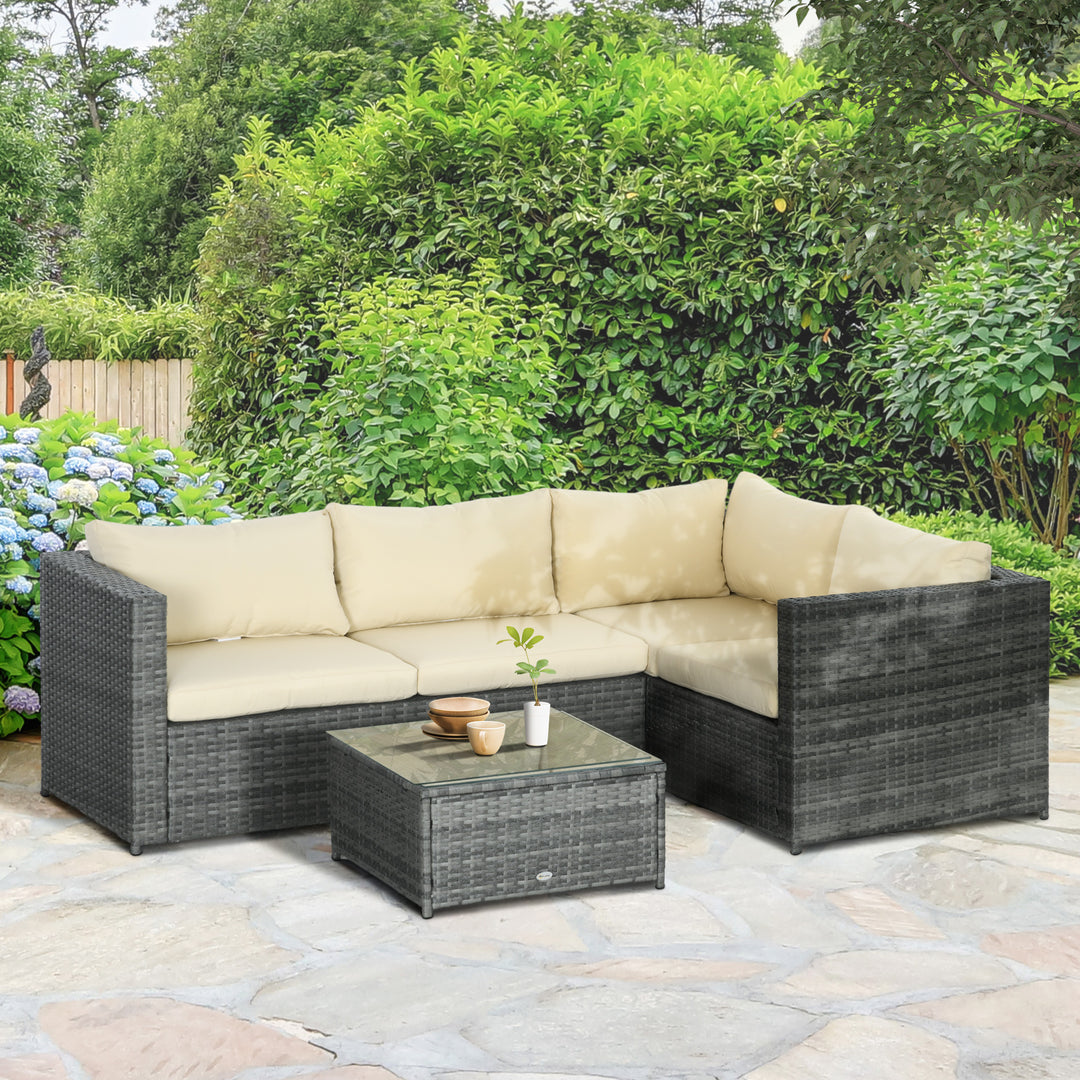 3Pcs Rattan Garden Furniture 4 Seater Outdoor Patio Corner Sofa Chair Set with Coffee Table Thick Cushions