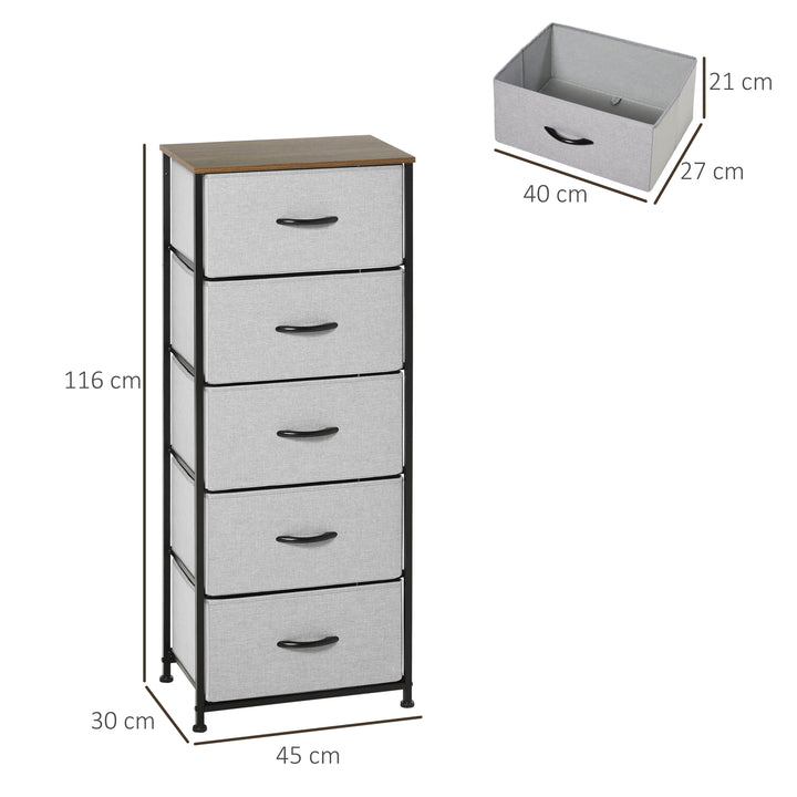 Dresser with 5 Fabric Drawers, Steel Frame, Grey