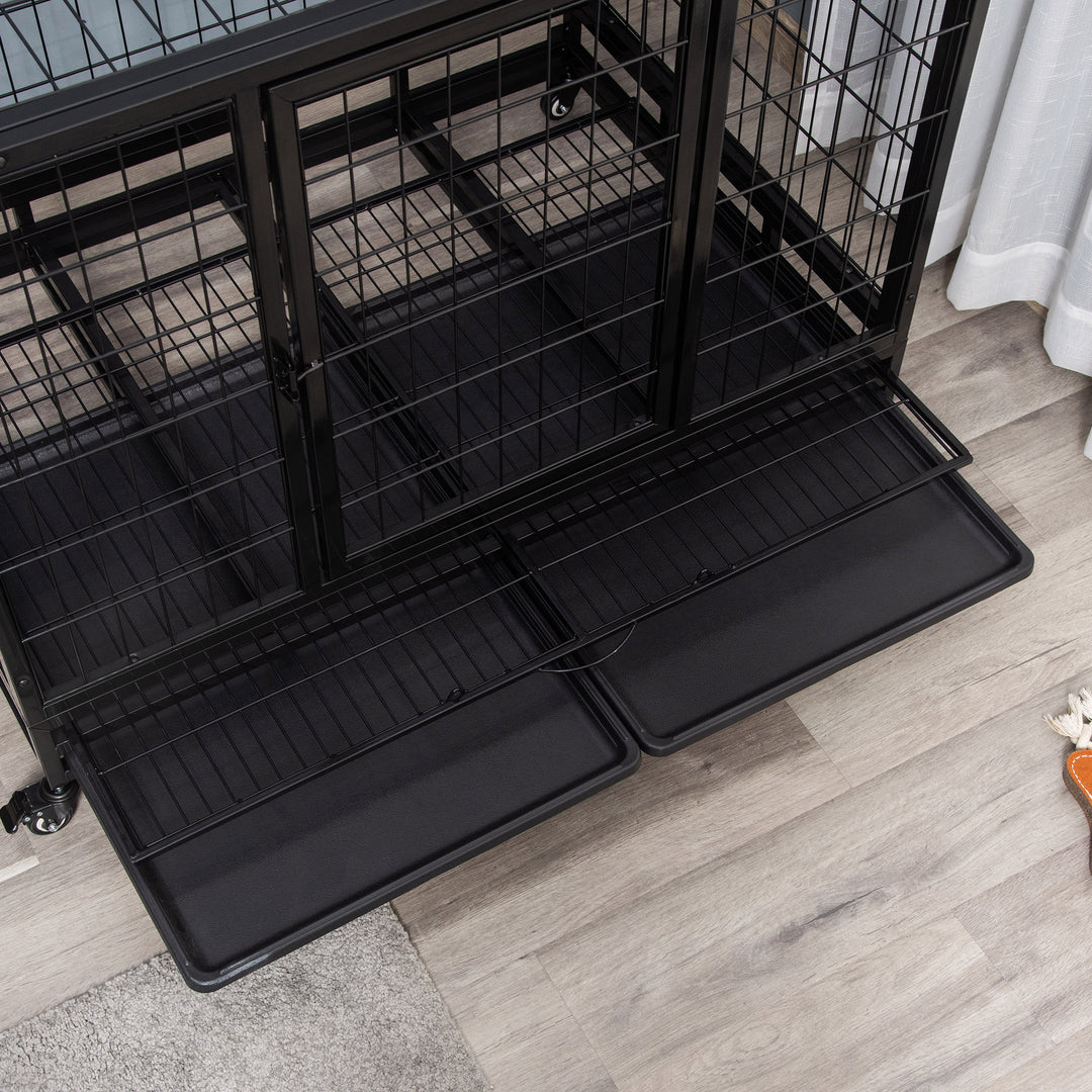 43" Heavy Duty Metal Dog Kennel Pet Cage with Crate Tray and Wheels - Black (Large)