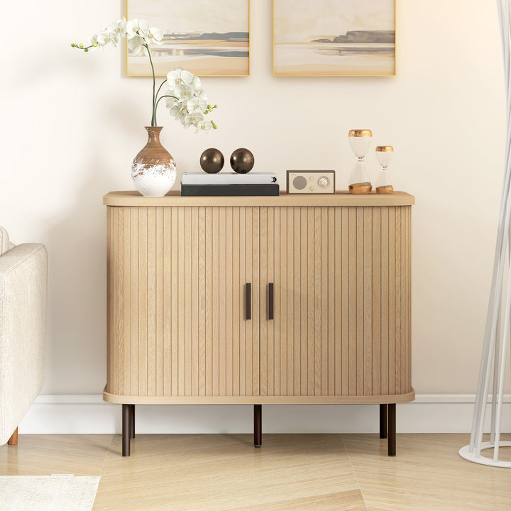 Mid-Century Modern Sideboard Storage Cabinet with Slatted Tambour Sliding Doors