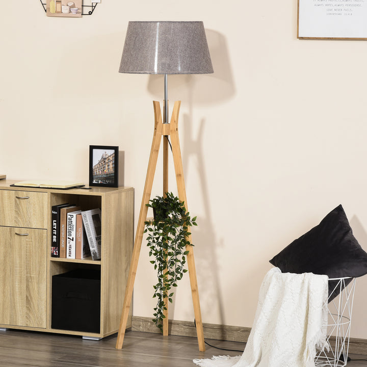 Natural Wood Tripod Floor Lamp Light E27 Base Bedroom Living Room Fabric Shade Storage Shelf Foot Switch