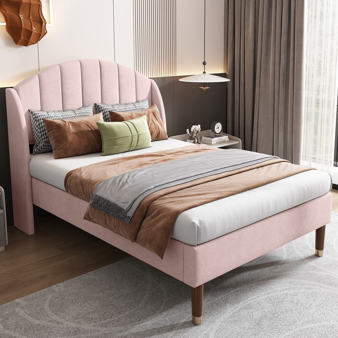 Double Stylish Velvet Fabric Upholstered Bed with Slatted Frame and Headboard