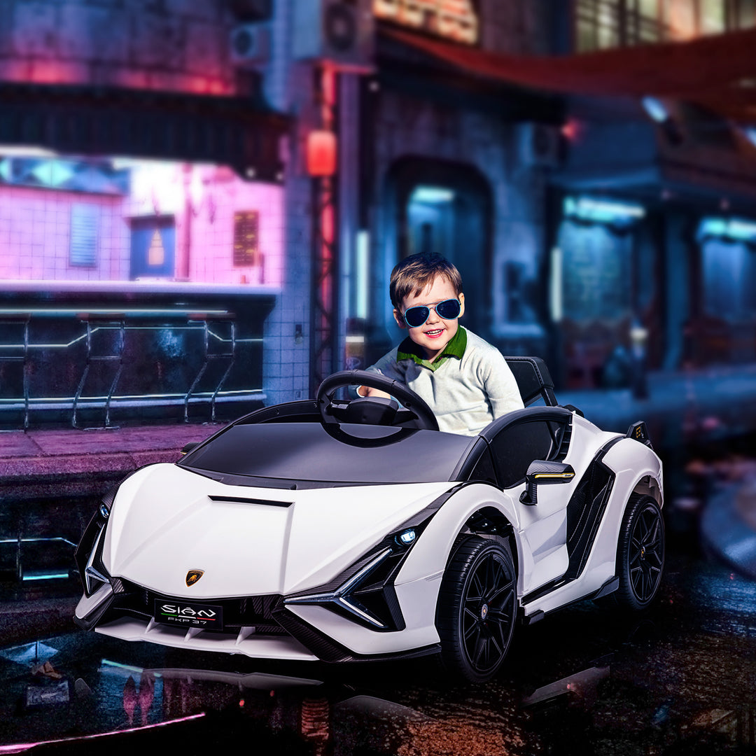 Compatible 12V Battery-powered Kids Electric Ride On Car Lamborghini SIAN Toy w/ Remote Control Lights MP3 for 3-5 Years Old White