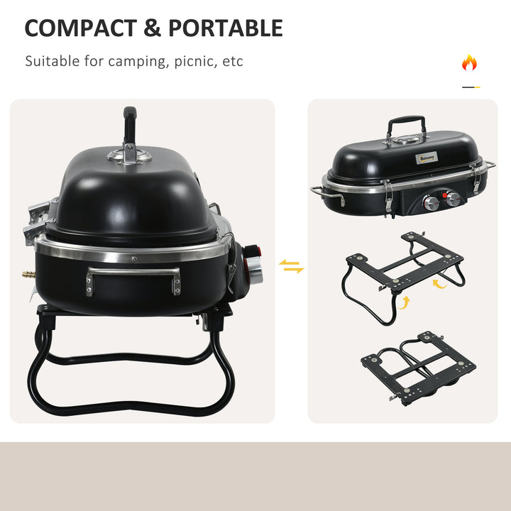 Foldable Gas BBQ Grill 2 Burner Table Top Barbecue w/ Lid Piezo Ignition Thermometer for Camping Picnic Cooking