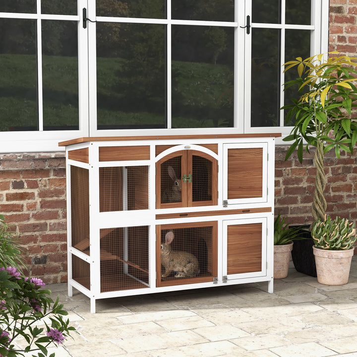 Two-Tier Wooden Pet Hutch with Openable Roof