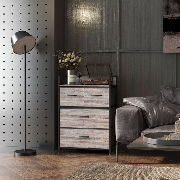 Rustic Chest of Four Fabric Drawers - Grey Wood Effect