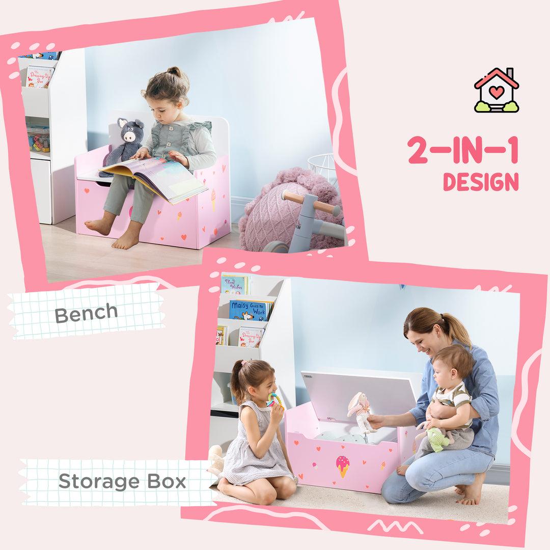 ZONEKIZ Dual-Purpose Toy Chest, Wooden Storage Bench with Safety Mechanism, Pretty in Pink