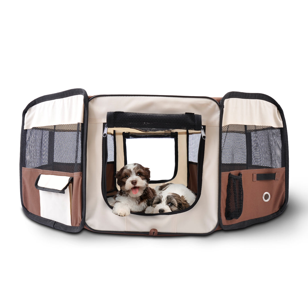 Fabric Pet Puppy Dog Cat Rabbit Pig Guinea Playpen Play Pen Run Dia90 x 41H cm Brown and Cream