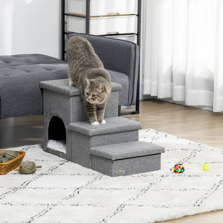 Dog Steps 3-step Pet Stairs with Kitten House and 2 Storage Boxes