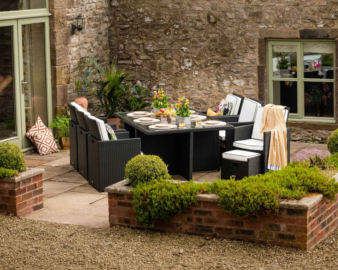 6 Seat Rattan Garden Cube Dining Set in Black with Footstools - Barcelona - Rattan Direct