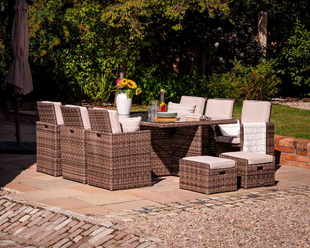 6 Seat Rattan Garden Cube Dining Set in Truffle Brown with Footstools - 13 Piece - Barcelona - Rattan Direct