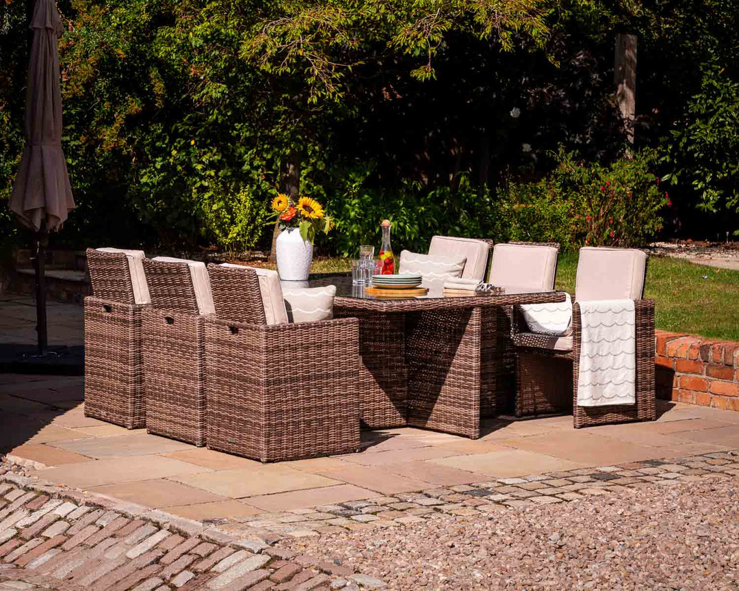 6 Seat Rattan Garden Cube Dining Set in Truffle Brown & Champagne - Barcelona - Rattan Direct