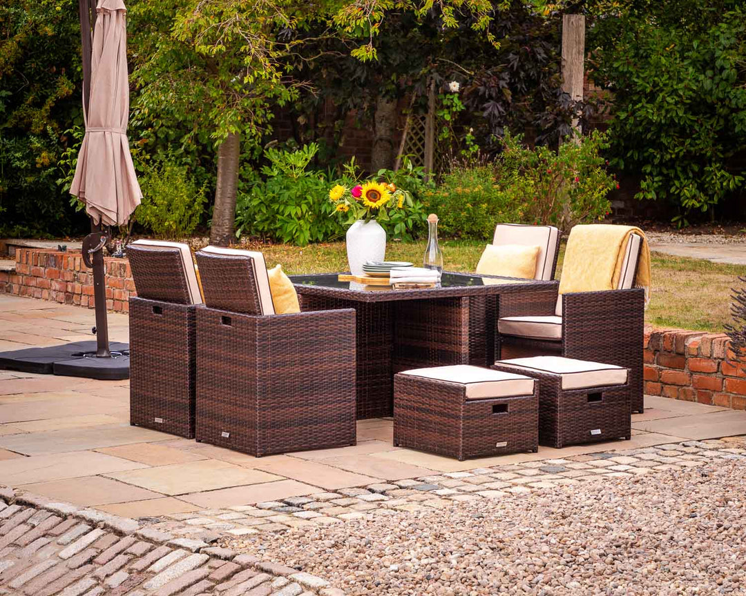 4 Seat Rattan Garden Cube Dining Set in Brown with 4 Footstools - Barcelona - Rattan Direct