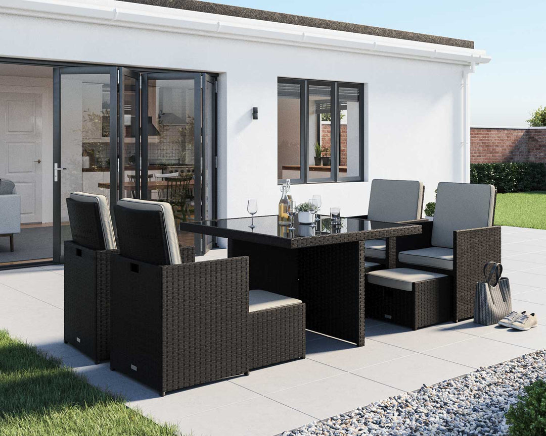 4 Seat Rattan Garden Cube Dining Set in Black & White with 4 Footstools - Barcelona - Rattan Direct