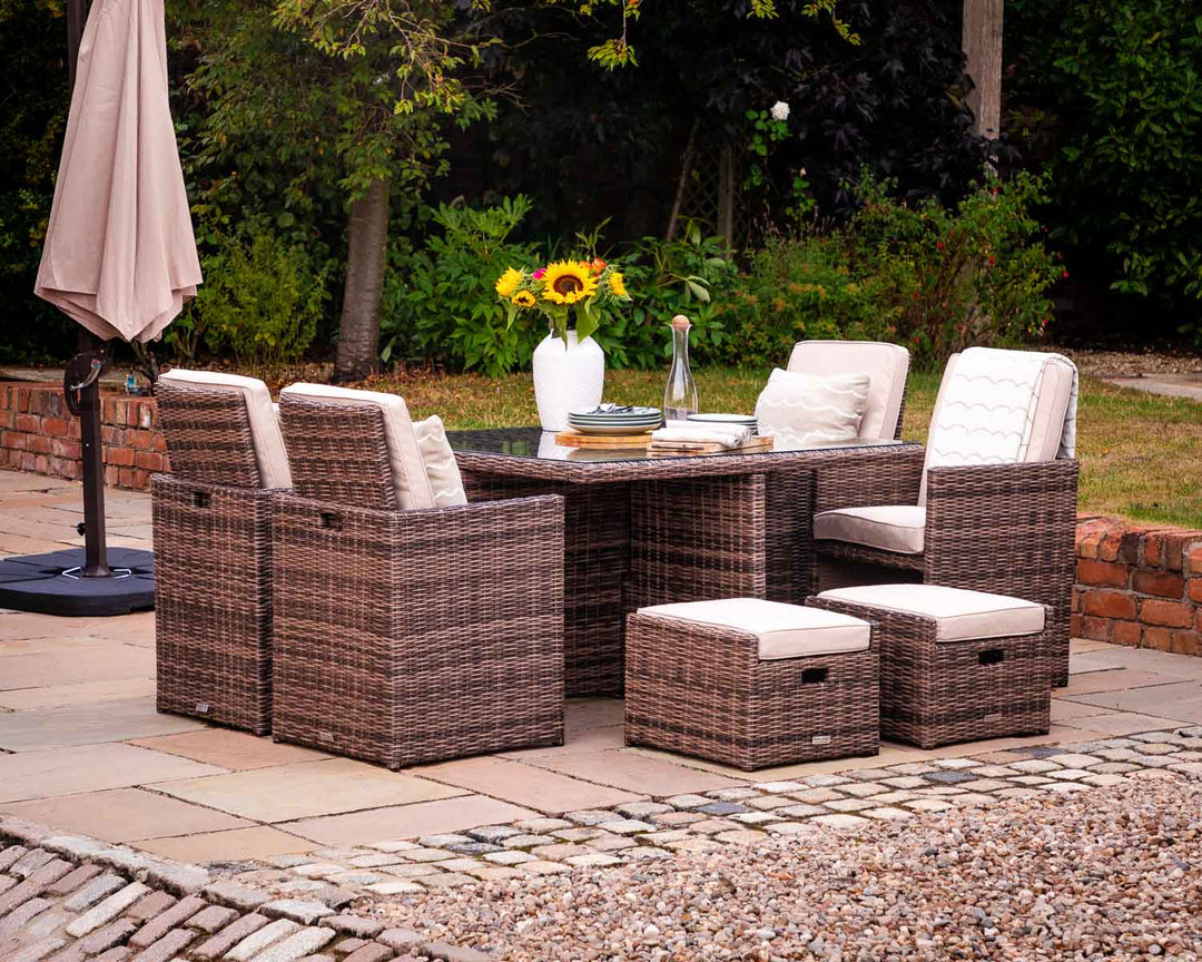 4 Seat Rattan Garden Cube Dining Set in Truffle Brown with Footstools - Barcelona - Rattan Direct