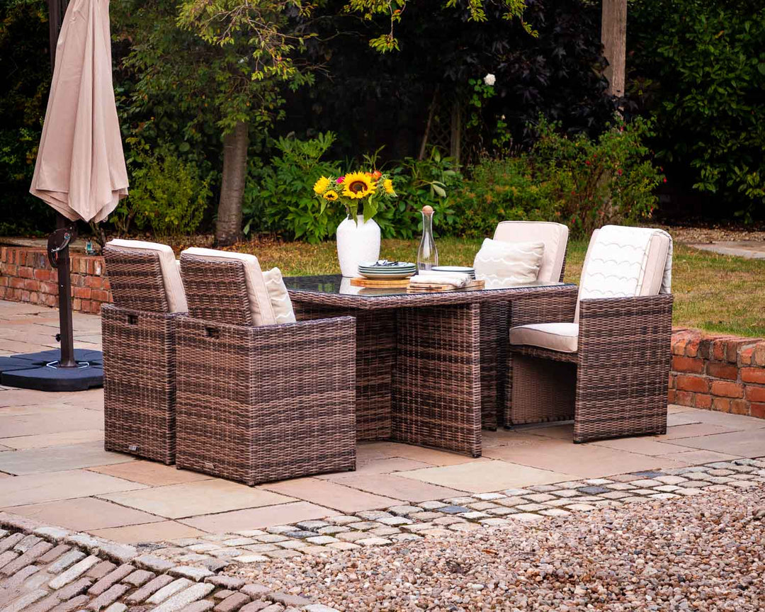 4 Seat Rattan Garden Cube Dining Set in Truffle Brown & Champagne - Barcelona - Rattan Direct