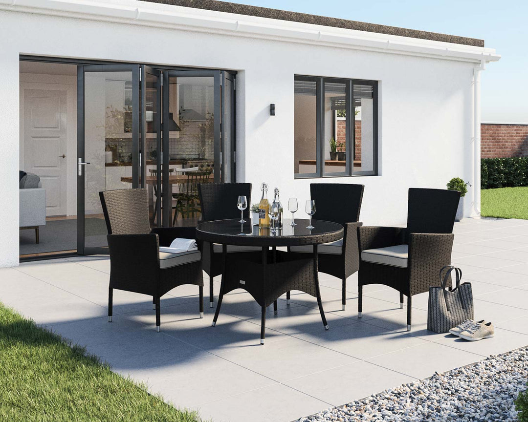 4 Rattan Garden Chairs & Small Round Dining Table Set in Black & White - Cambridge - Rattan Direct