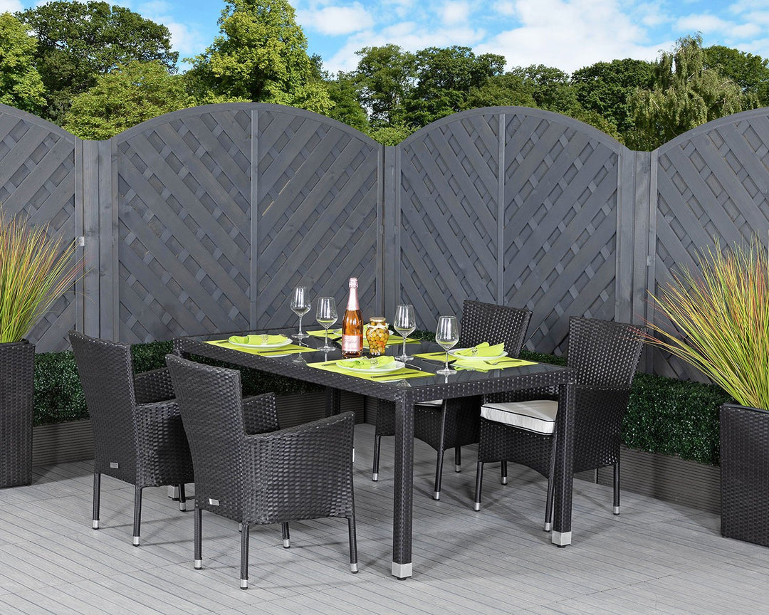 4 Stackable Rattan Garden Chairs & Open Leg Rectangular Table Set in Black & White - Cambridge - Rattan Direct