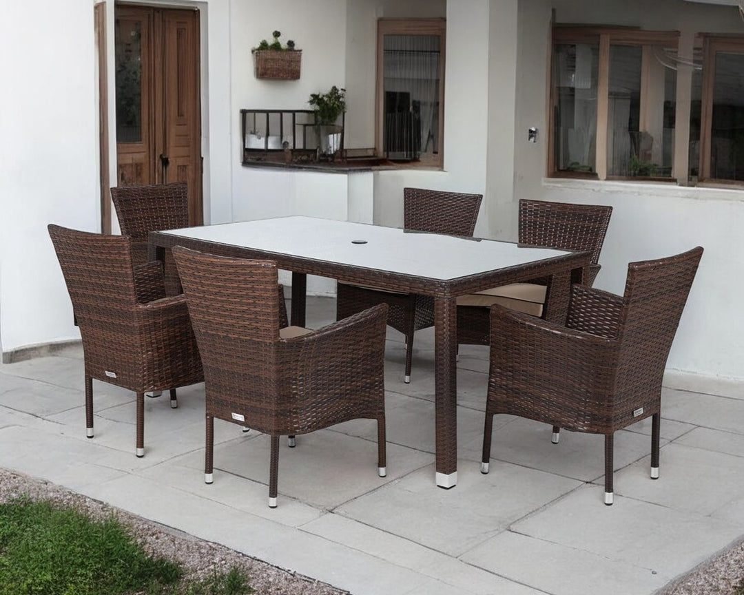 Cambridge 6 Stackable Rattan Garden Chairs & Open Leg Rectangular Dining Table Set in Brown - Cambridge - Rattan Direct