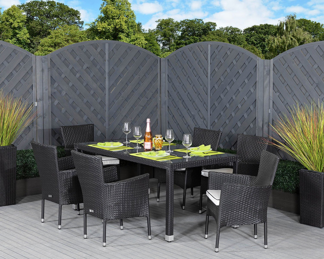 Cambridge 6 Stackable Rattan Garden Chairs & Open Leg Rectangular Table Set in Black & White - Cambridge - Rattan Direct