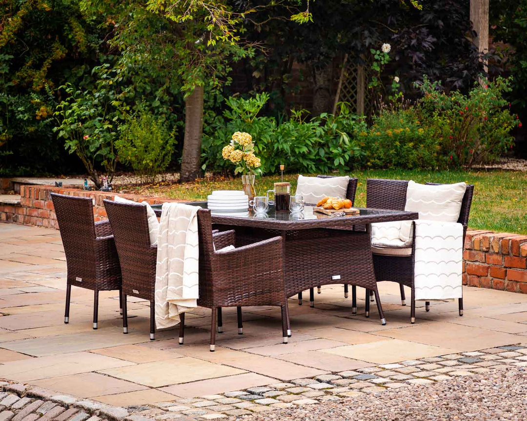 6 Seat Rattan Garden Dining Set With Rectangular Dining Table in Brown - Cambridge - Rattan Direct