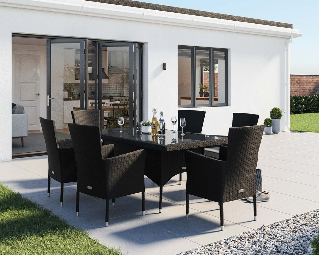 6 Seat Rattan Garden Dining Set With Rectangular Dining Table in Black & White - Cambridge - Rattan Direct