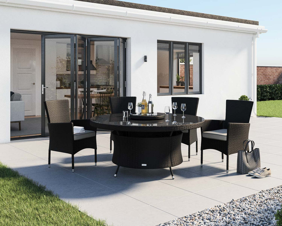 Cambridge 4 Rattan Garden Chairs & Large Round Dining Table Set in Black & White - Cambridge - Rattan Direct