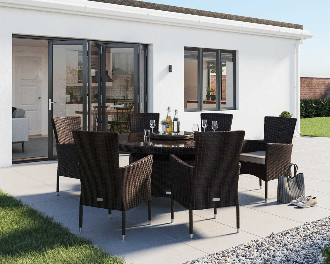 6 Seat Rattan Garden Dining Set With Large Round Dining Table Set in Brown - Cambridge - Rattan Direct