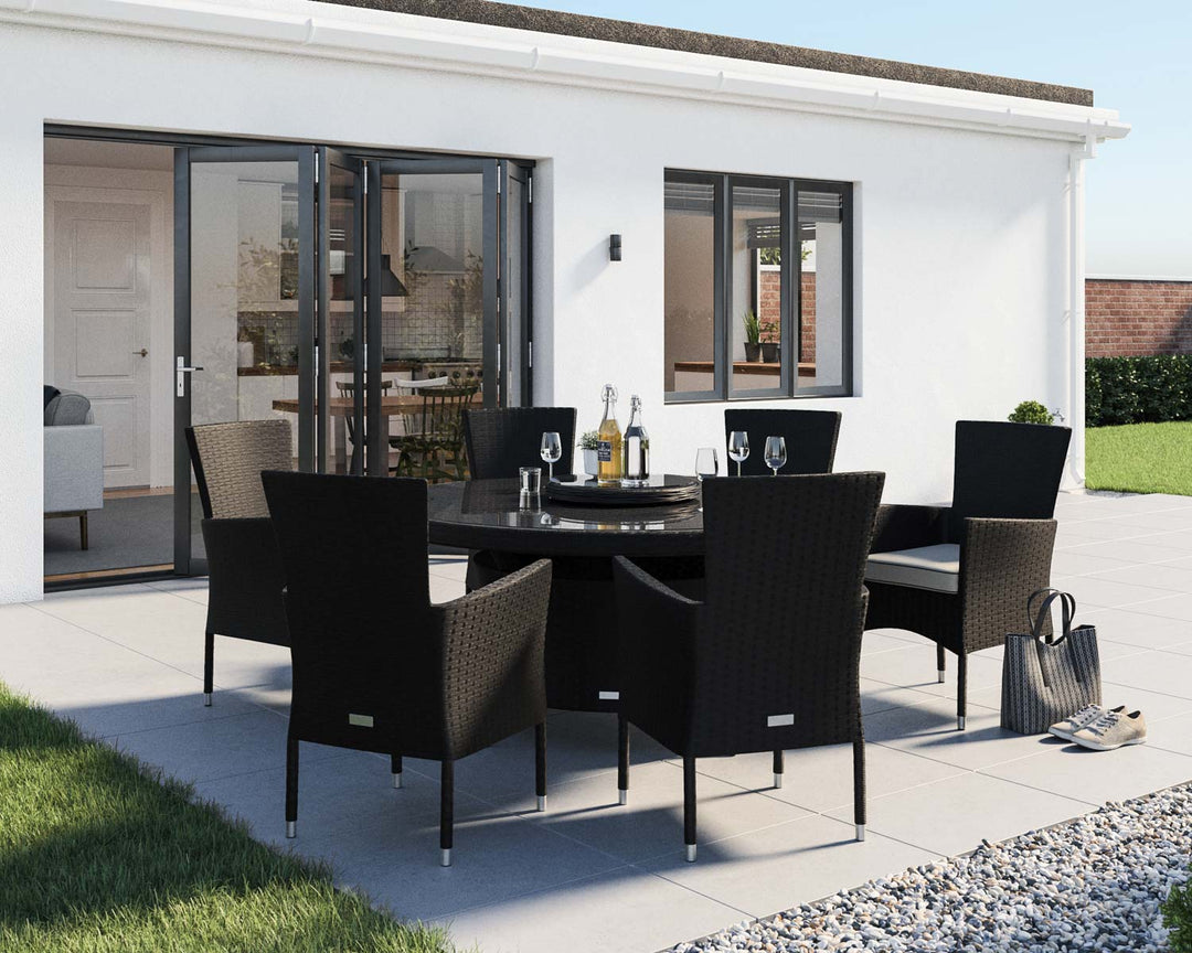 6 Seat Rattan Garden Dining Set With Large Round Dining Table in Black & White - Cambridge - Rattan Direct