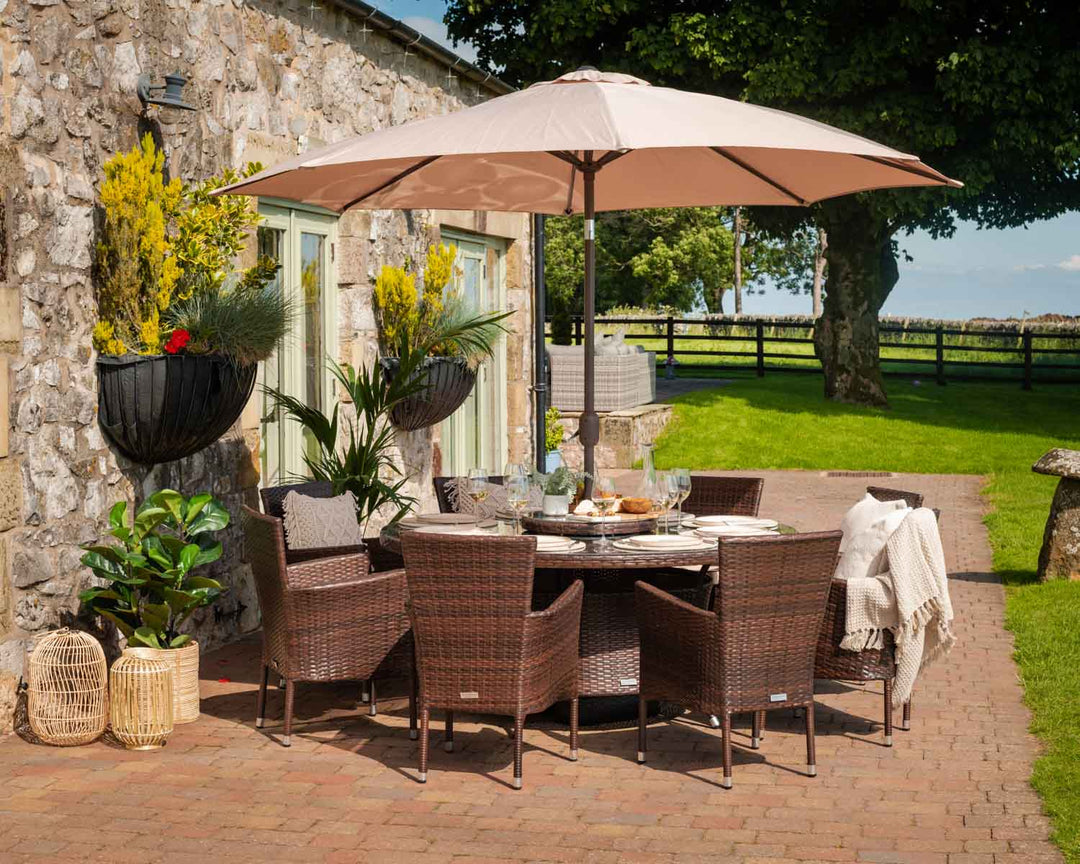 8 Seat Rattan Garden Dining Set With Large Round Round Dining Table in Brown - Cambridge - Rattan Direct