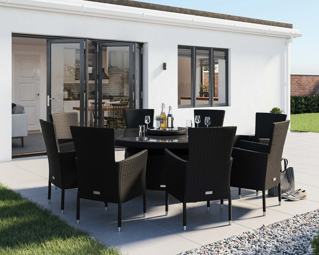 8 Seat Rattan Garden Dining Set With Large Round Dining Table in Black & White - Cambridge - Rattan Direct