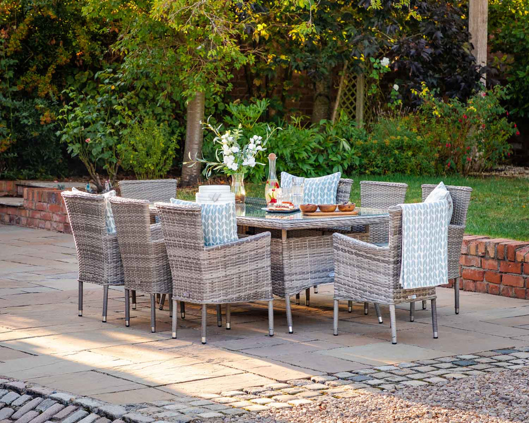 8 Seat Rattan Garden Dining Set With Rectangular Dining Table in Grey - Cambridge - Rattan Direct