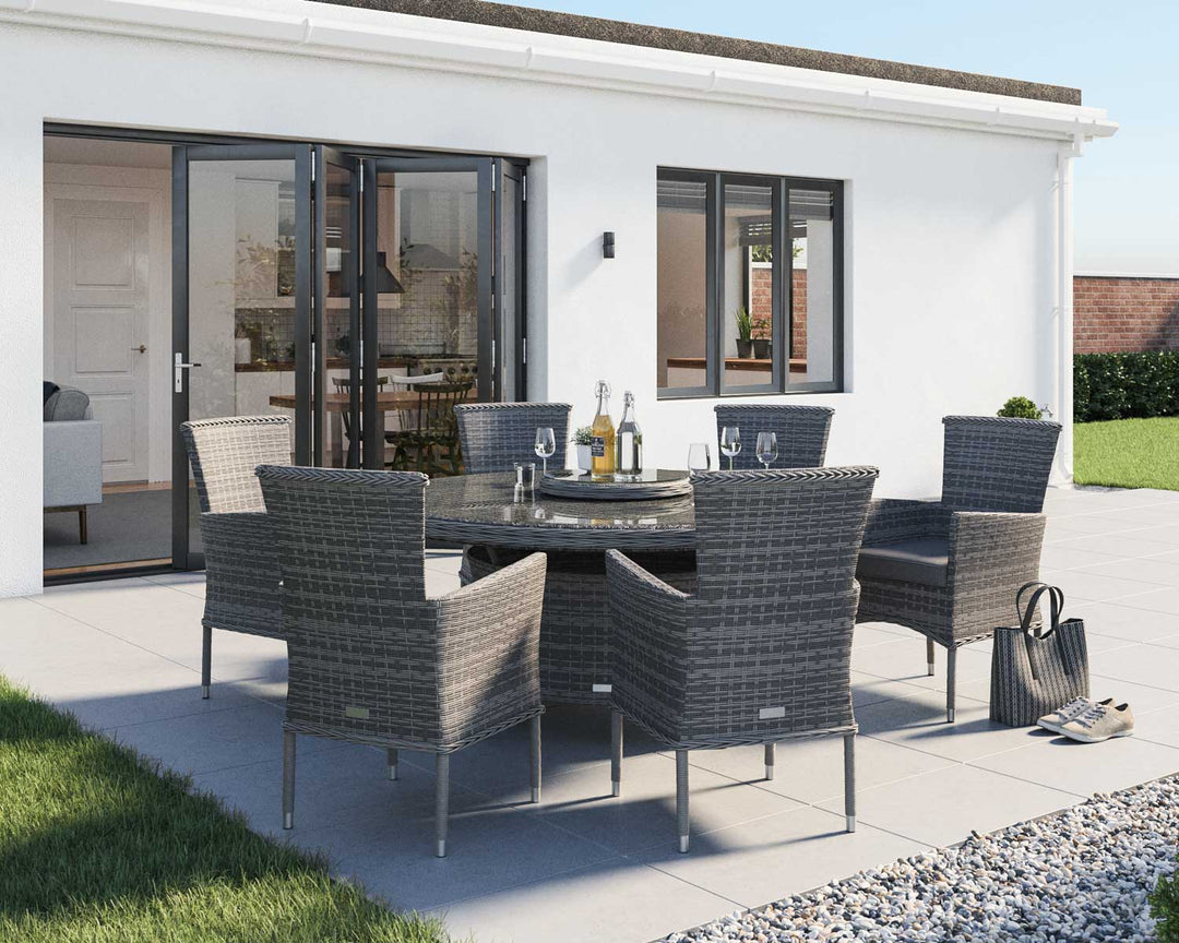 6 Seat Rattan Garden Dining Set With Large Round Dining Table in Grey - Cambridge - Rattan Direct