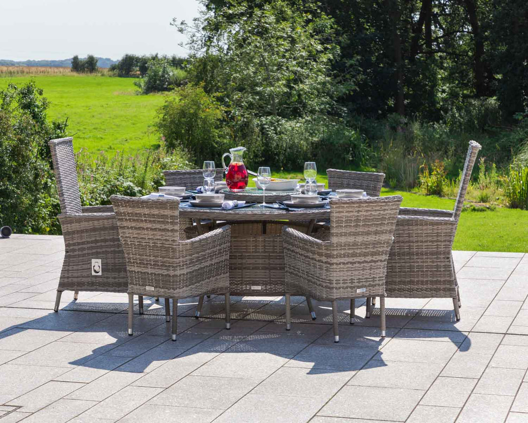 2 Reclining + 4 Non-Reclining Rattan Garden Chairs & Large Round Dining Table Set in Grey - Cambridge - Rattan Direct