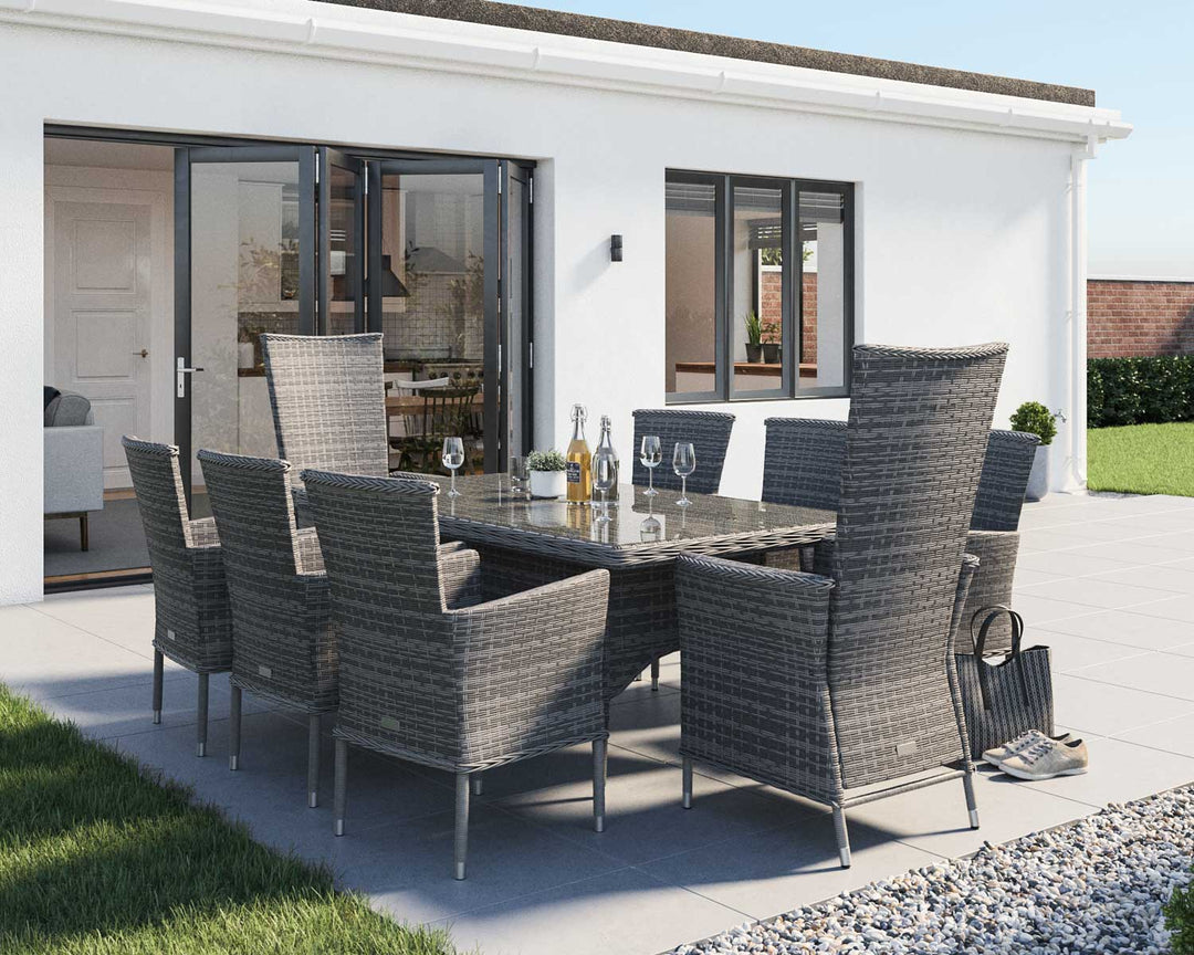 Rectangular Rattan Garden Dining Table Set in Grey With 8 Chairs - Cambridge - Rattan Direct