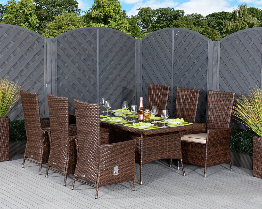 Rectangular Rattan Garden Dining Table & 6 Reclining Chairs Set in Brown - Cambridge - Rattan Direct