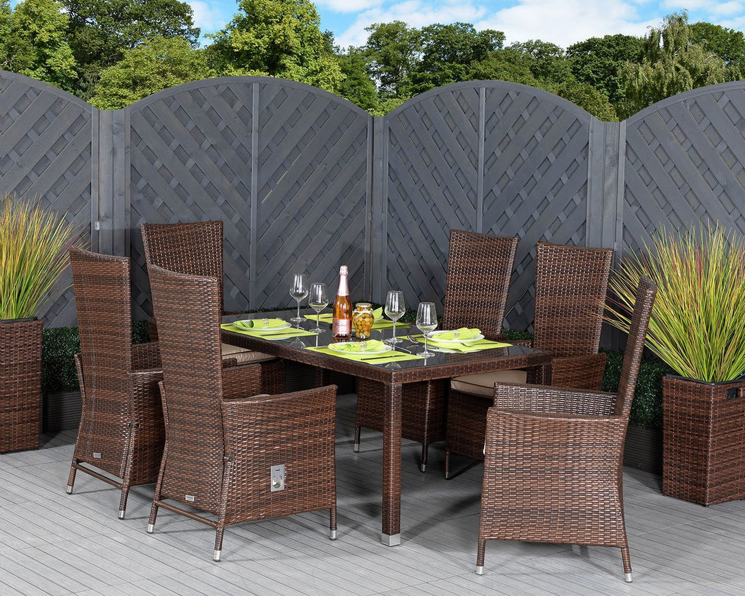 Cambridge 6 Reclining Rattan Garden Chairs & Open Leg Rectangular Table Set in Brown - Cambridge - Rattan Direct